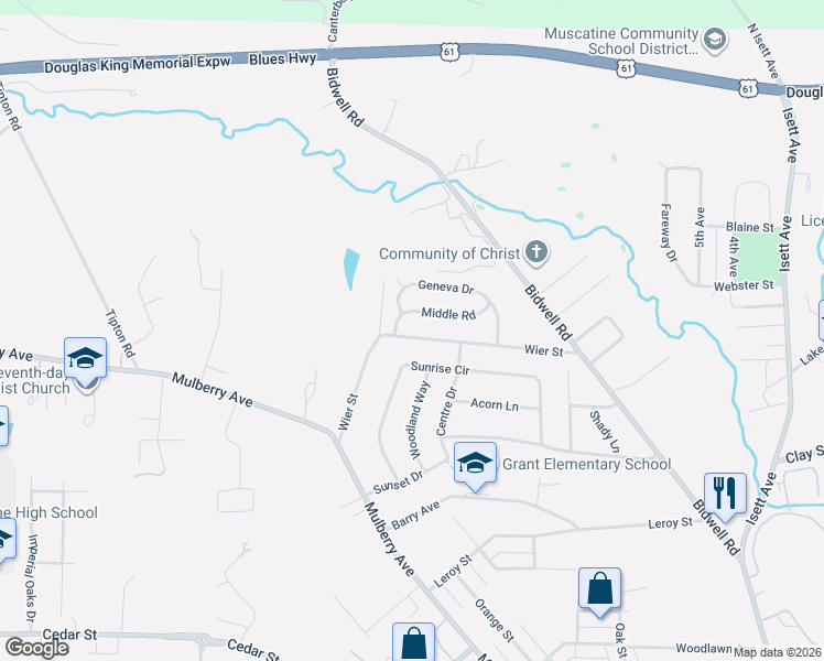 map of restaurants, bars, coffee shops, grocery stores, and more near 110 Middle Road in Muscatine
