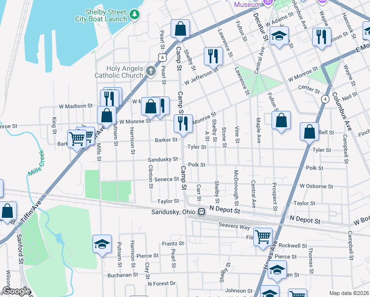 map of restaurants, bars, coffee shops, grocery stores, and more near 1316 Camp Street in Sandusky