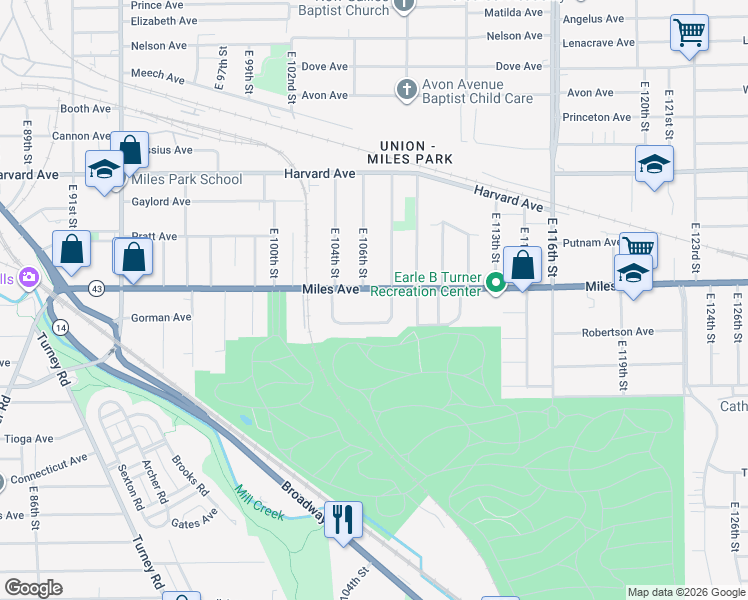 map of restaurants, bars, coffee shops, grocery stores, and more near 10612 Miles Avenue in Cleveland