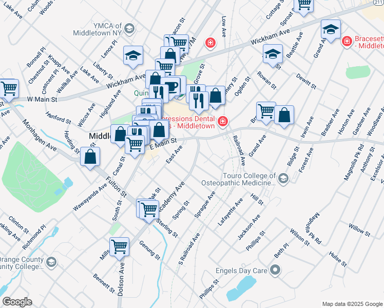 map of restaurants, bars, coffee shops, grocery stores, and more near 9 East Avenue in Middletown