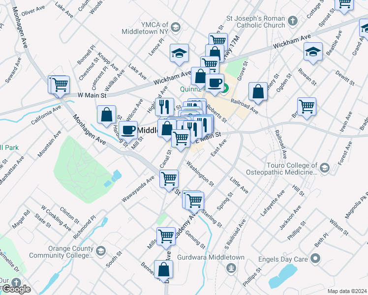 map of restaurants, bars, coffee shops, grocery stores, and more near 5 West Main Street in Middletown