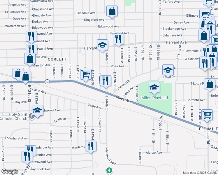 map of restaurants, bars, coffee shops, grocery stores, and more near 4204 East 147th Street in Cleveland