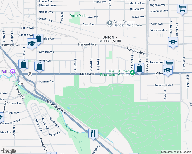 map of restaurants, bars, coffee shops, grocery stores, and more near 10406 Miles Avenue in Cleveland
