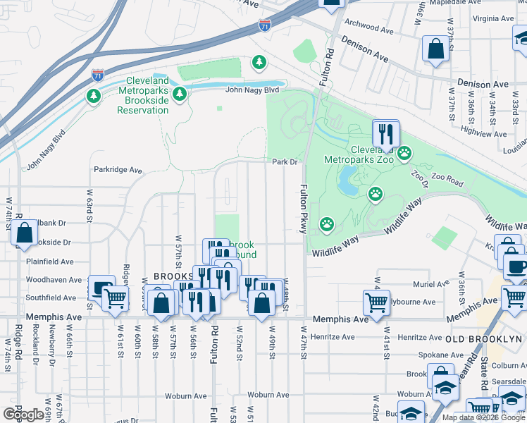 map of restaurants, bars, coffee shops, grocery stores, and more near 4101 West 49th Street in Cleveland