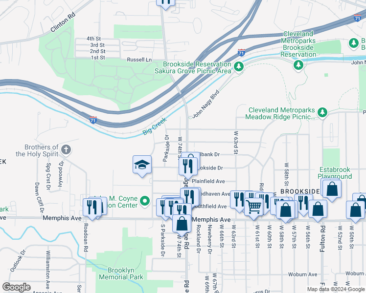 map of restaurants, bars, coffee shops, grocery stores, and more near in Cleveland