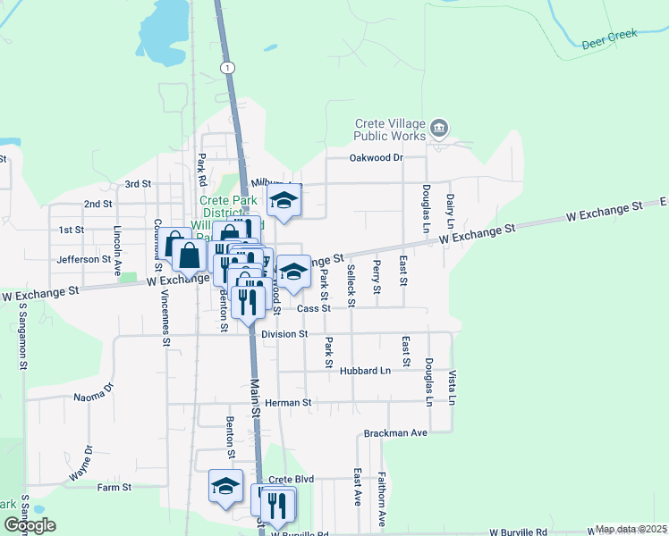 map of restaurants, bars, coffee shops, grocery stores, and more near 392 West Exchange Street in Crete