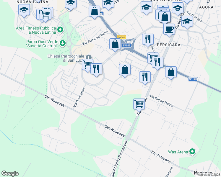 map of restaurants, bars, coffee shops, grocery stores, and more near 4 Via G. F. Malipiero in Latina