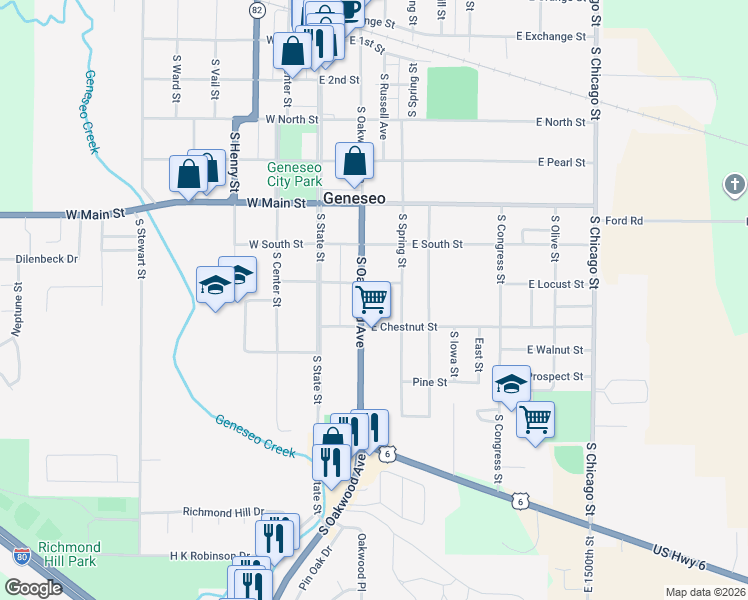 map of restaurants, bars, coffee shops, grocery stores, and more near 200-232 East Locust Street in Geneseo