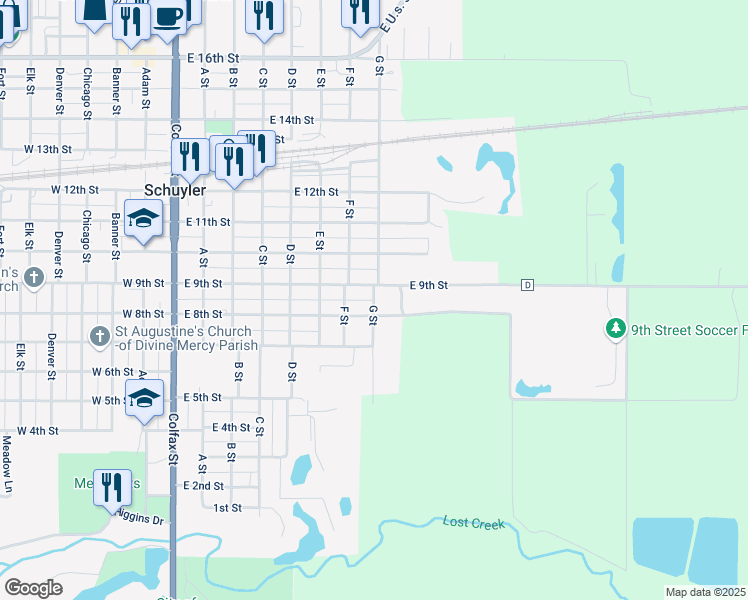 map of restaurants, bars, coffee shops, grocery stores, and more near 806 G Street in Schuyler