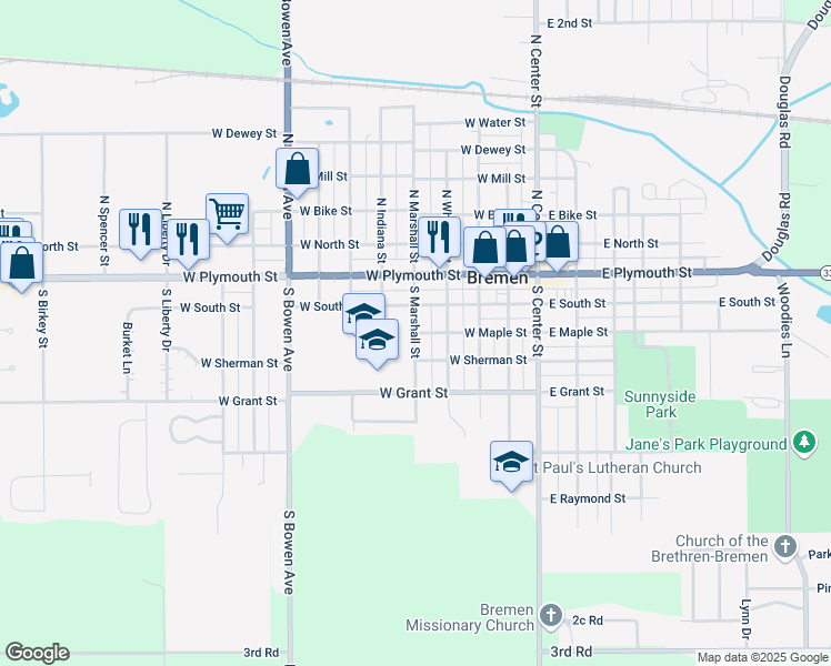 map of restaurants, bars, coffee shops, grocery stores, and more near 427 W Maple St in Bremen
