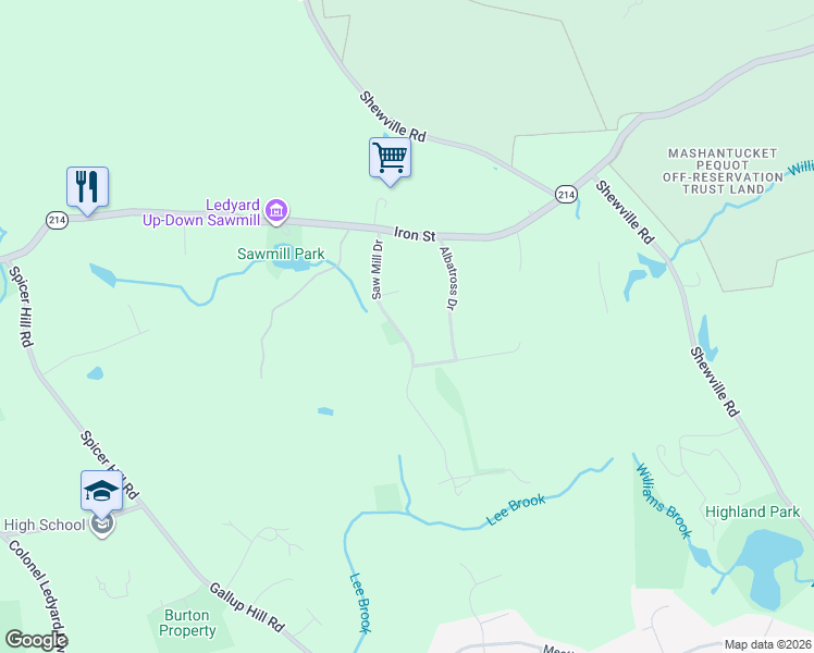 map of restaurants, bars, coffee shops, grocery stores, and more near 11 Saw Mill Drive in Ledyard