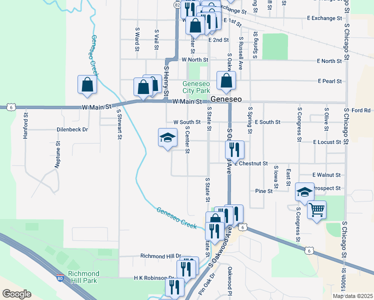map of restaurants, bars, coffee shops, grocery stores, and more near 715 South Center Street in Geneseo