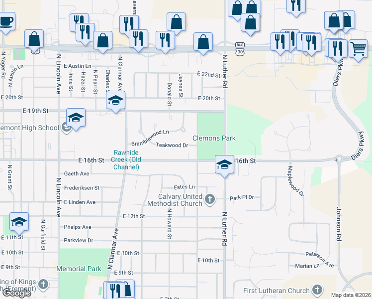 map of restaurants, bars, coffee shops, grocery stores, and more near 1641 North Garden City Road in Fremont