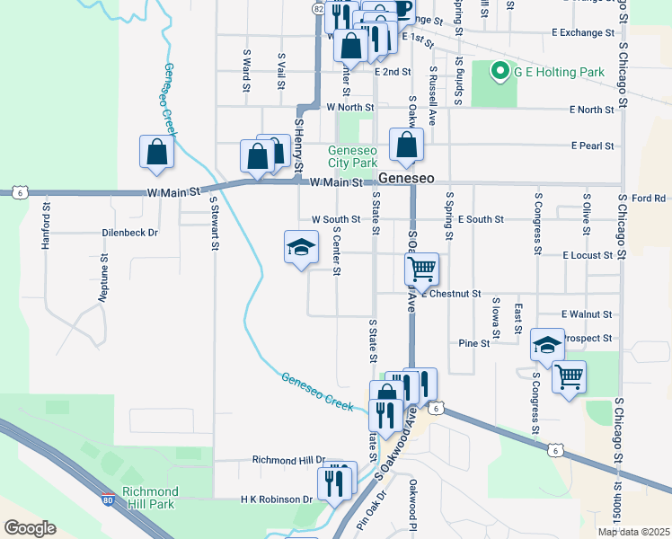 map of restaurants, bars, coffee shops, grocery stores, and more near 715 South Center Street in Geneseo