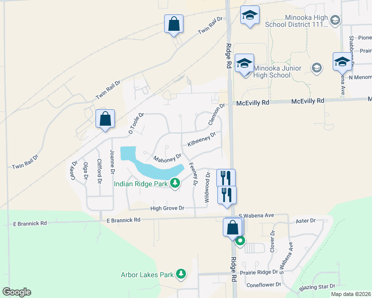 map of restaurants, bars, coffee shops, grocery stores, and more near 518 Kilheeney Drive in Minooka