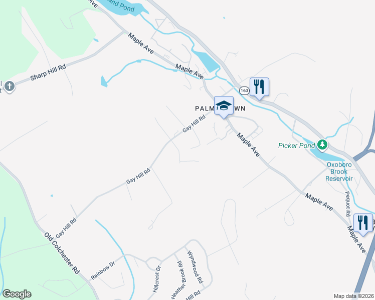 map of restaurants, bars, coffee shops, grocery stores, and more near 76 Gay Hill Road in Montville