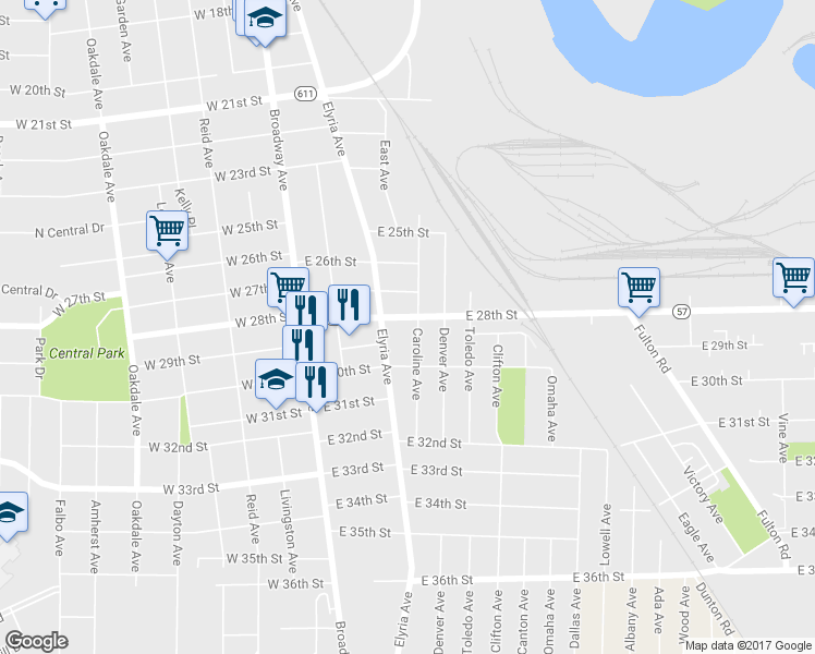 map of restaurants, bars, coffee shops, grocery stores, and more near 404 East 28th Street in Lorain