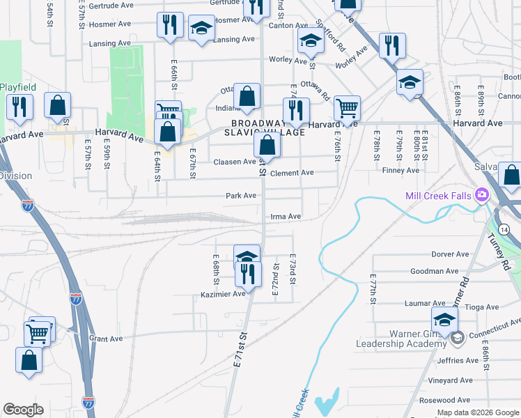 map of restaurants, bars, coffee shops, grocery stores, and more near 4200 East 71st Street in Cleveland