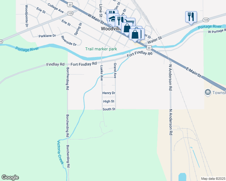 map of restaurants, bars, coffee shops, grocery stores, and more near 404 Henry St in Woodville