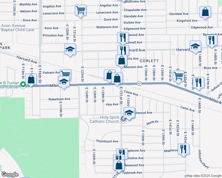 map of restaurants, bars, coffee shops, grocery stores, and more near 4210 East 130th Street in Cleveland