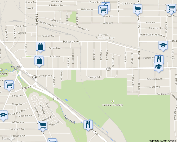 map of restaurants, bars, coffee shops, grocery stores, and more near 10406 Miles Avenue in Cleveland