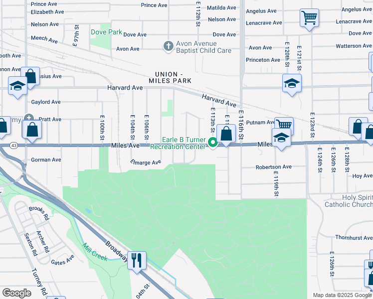 map of restaurants, bars, coffee shops, grocery stores, and more near 11026 Miles Avenue in Cleveland