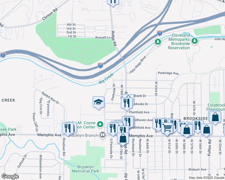 map of restaurants, bars, coffee shops, grocery stores, and more near 7415 Meadowbrook Drive in Brooklyn