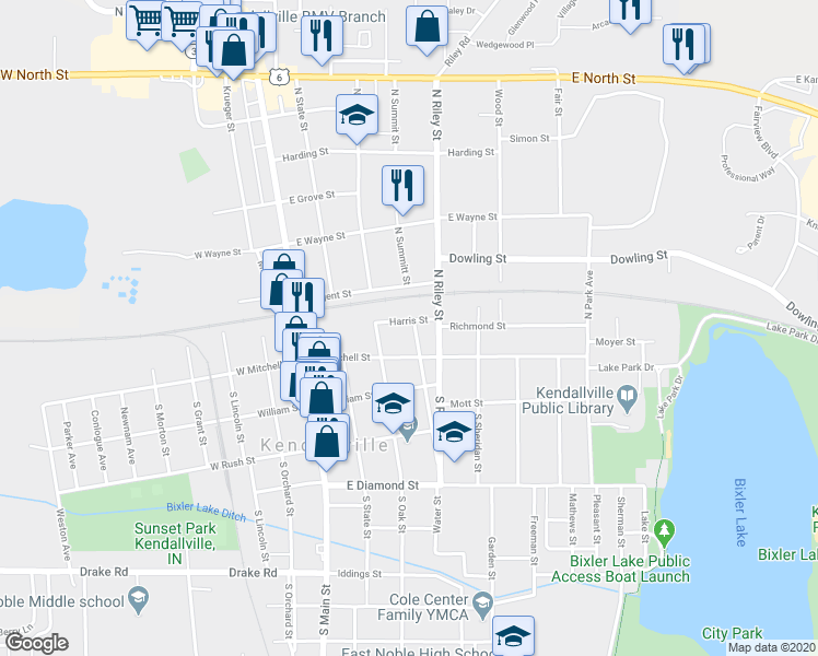 map of restaurants, bars, coffee shops, grocery stores, and more near 330 Harris Street in Kendallville