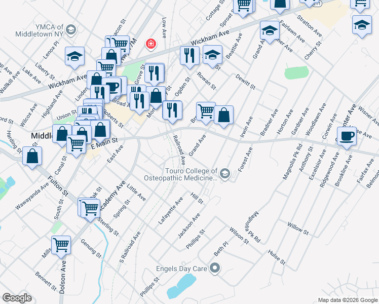 map of restaurants, bars, coffee shops, grocery stores, and more near 9 Myrtle Avenue in Middletown