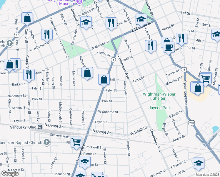 map of restaurants, bars, coffee shops, grocery stores, and more near 413 Tyler Street in Sandusky