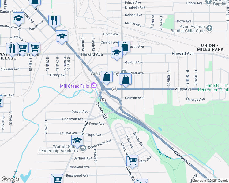 map of restaurants, bars, coffee shops, grocery stores, and more near 9200 Miles Avenue in Cleveland