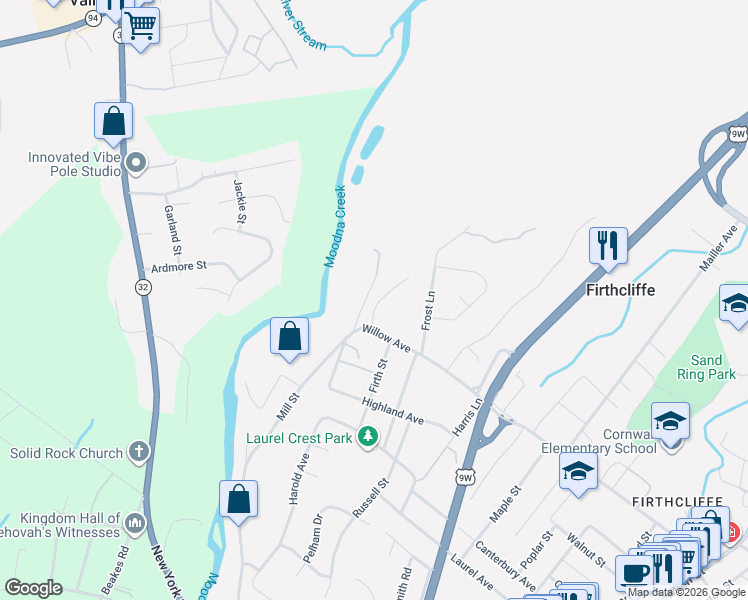 map of restaurants, bars, coffee shops, grocery stores, and more near 18 Schofield Lane in Cornwall