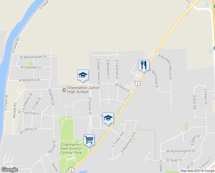 map of restaurants, bars, coffee shops, grocery stores, and more near 24661 West Dove Street in Channahon
