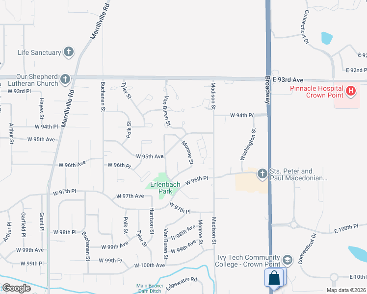 map of restaurants, bars, coffee shops, grocery stores, and more near 1243 West 95th Place in Crown Point