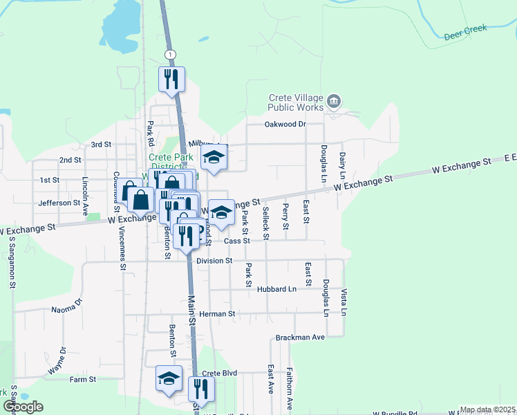map of restaurants, bars, coffee shops, grocery stores, and more near 392 West Exchange Street in Crete