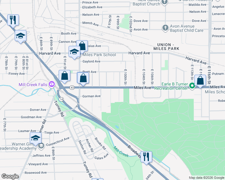 map of restaurants, bars, coffee shops, grocery stores, and more near 9808 Miles Avenue in Cleveland
