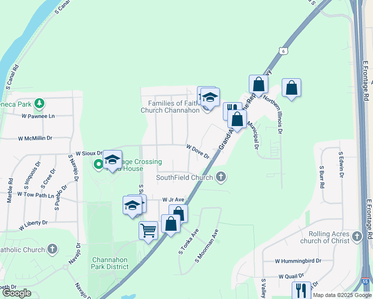 map of restaurants, bars, coffee shops, grocery stores, and more near 24625 West Dove Street in Channahon