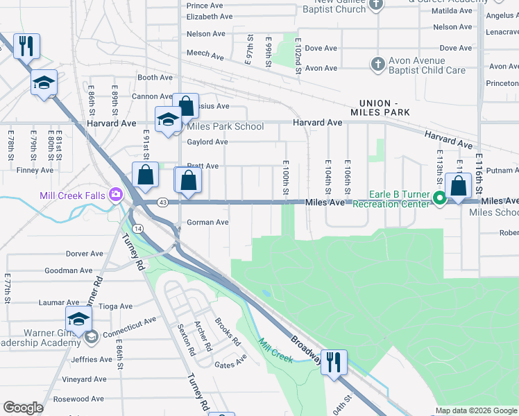 map of restaurants, bars, coffee shops, grocery stores, and more near 9808 Miles Avenue in Cleveland
