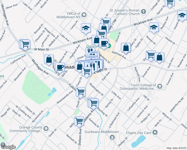 map of restaurants, bars, coffee shops, grocery stores, and more near 4 North Street in Middletown