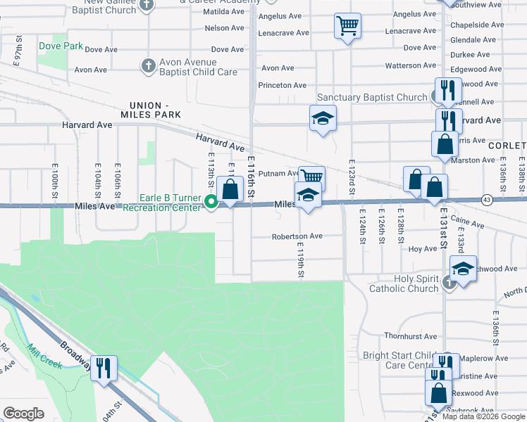 map of restaurants, bars, coffee shops, grocery stores, and more near 11708 Miles Avenue in Cleveland