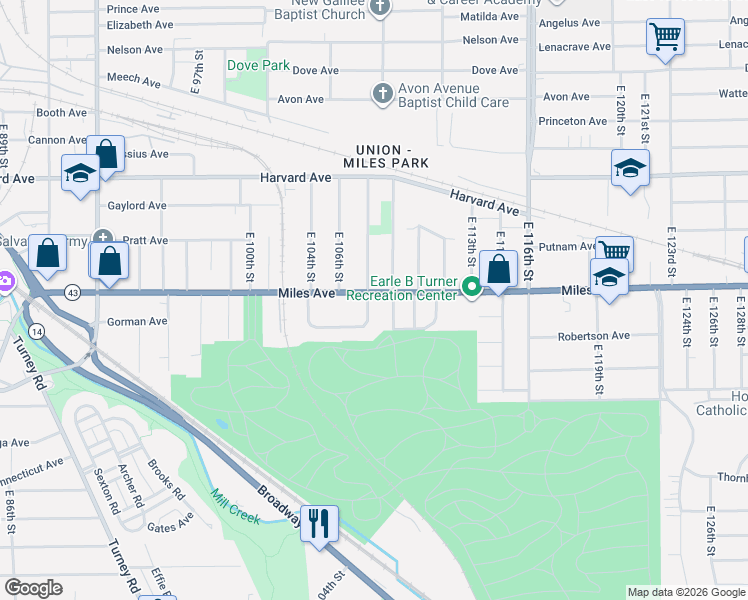 map of restaurants, bars, coffee shops, grocery stores, and more near 10910 Miles Avenue in Cleveland