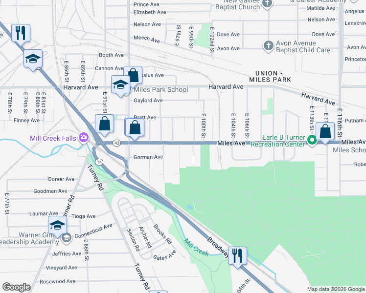 map of restaurants, bars, coffee shops, grocery stores, and more near 9808 Miles Avenue in Cleveland