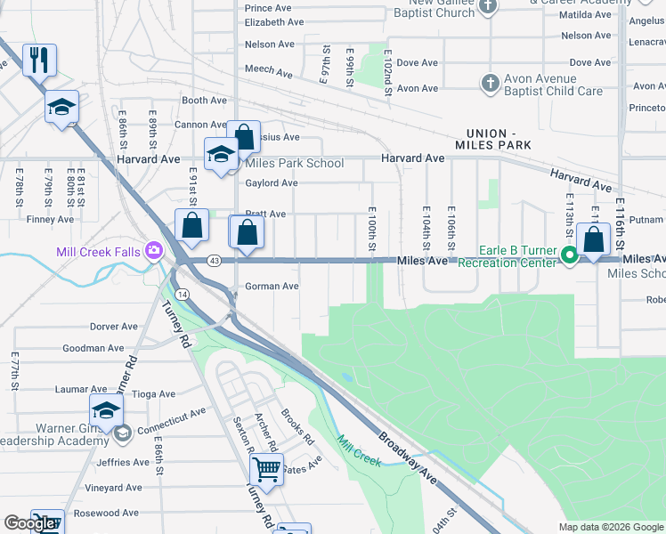 map of restaurants, bars, coffee shops, grocery stores, and more near 9808 Miles Avenue in Cleveland