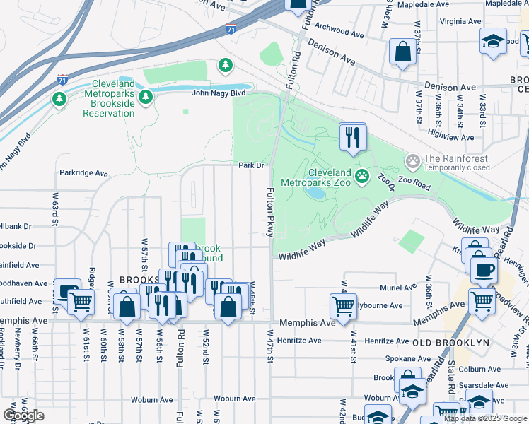 map of restaurants, bars, coffee shops, grocery stores, and more near 4102 Fulton Parkway in Cleveland