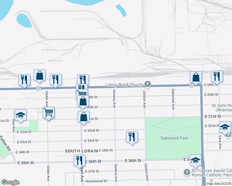 map of restaurants, bars, coffee shops, grocery stores, and more near 1892 East 29th Street in Lorain