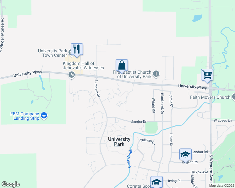map of restaurants, bars, coffee shops, grocery stores, and more near 749 Burnham Drive in University Park
