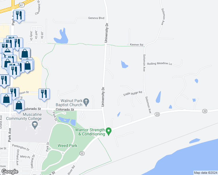 map of restaurants, bars, coffee shops, grocery stores, and more near 218 Bald Eagle Drive in Muscatine