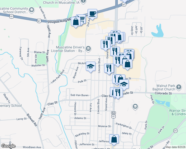 map of restaurants, bars, coffee shops, grocery stores, and more near 1806 Lincoln Boulevard in Muscatine
