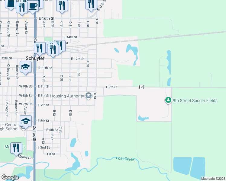 map of restaurants, bars, coffee shops, grocery stores, and more near 901-1399 East 9th Street in Schuyler