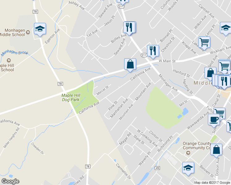 map of restaurants, bars, coffee shops, grocery stores, and more near 68 California Avenue in Middletown